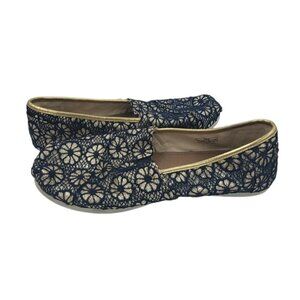 Toms Alpargata Navy Gold Glitter Floral Crochet Canvas Round Toe Flats Size 5.5